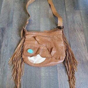 Handmade leather and cow hide bag with Turquoise stone, made by Sweet Smoke Bags